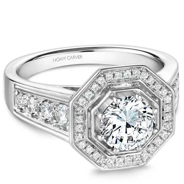Rings Noam Carver White Gold Octagonal Halo Diamond Engagement Ring Setting 049 CTW International Diamond Center