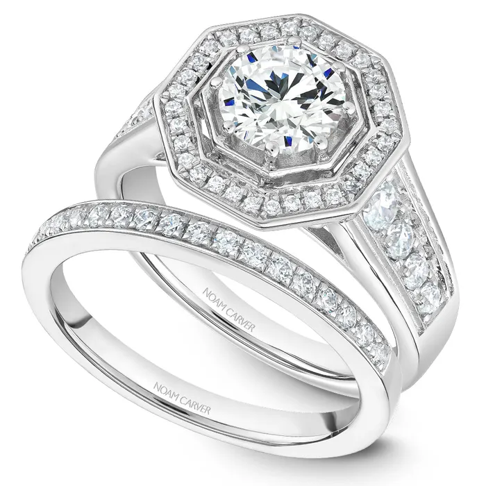 Rings Noam Carver White Gold Octagonal Halo Diamond Engagement Ring Setting 049 CTW International Diamond Center