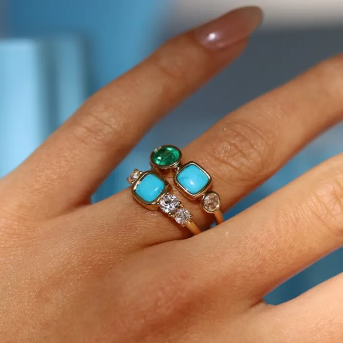 077ct Emerald 081ct Turquoise and Rose Cut Diamond Ring Marrow Fine Rings