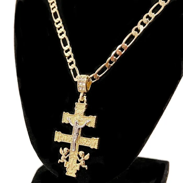 14K Gold Plated Cruz de Caravaca Cadena Necklace Oro Laminado Figaro Chain 24 Bling Cartel Necklaces 14K Gold Plated Cruz de Caravaca Cadena Necklace Oro Laminado Figaro Chain 24 Bling Cartel Necklaces