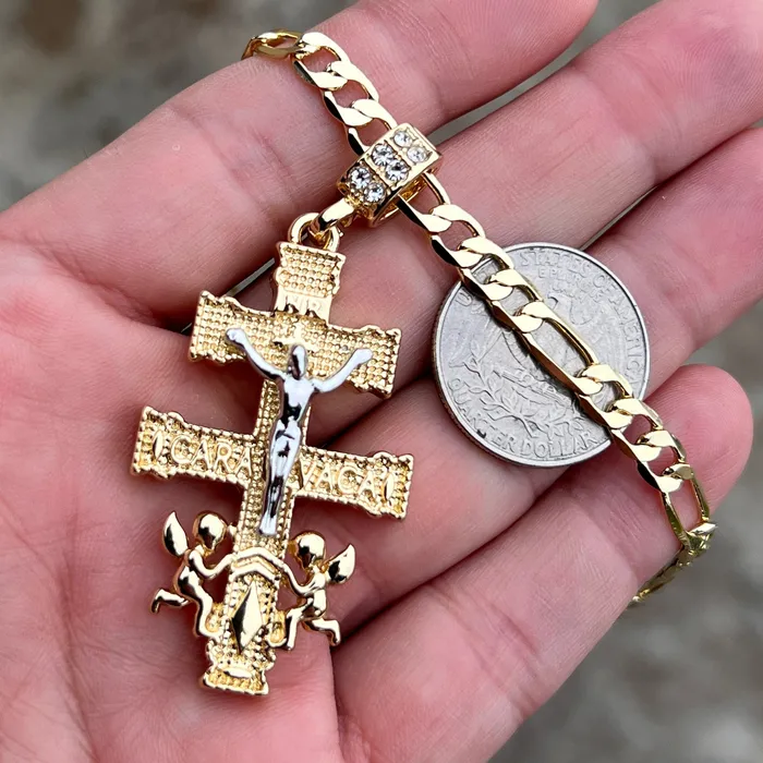 14K Gold Plated Cruz de Caravaca Cadena Necklace Oro Laminado Figaro Chain 24 Bling Cartel Necklaces