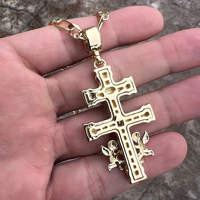 14K Gold Plated Cruz de Caravaca Cadena Necklace Oro Laminado Figaro Chain 24 Bling Cartel Necklaces