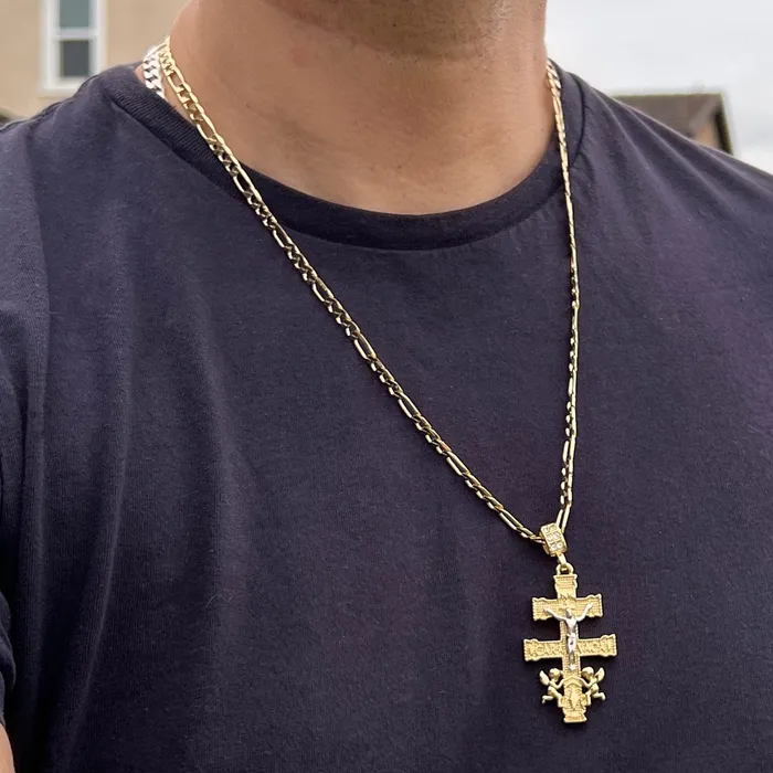 14K Gold Plated Cruz de Caravaca Cadena Necklace Oro Laminado Figaro Chain 24 Bling Cartel Necklaces