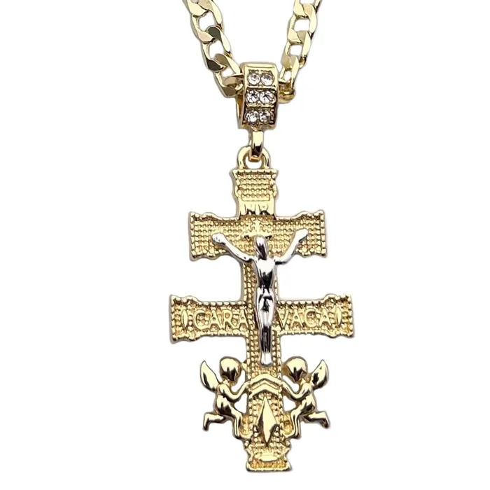 14K Gold Plated Cruz de Caravaca Cadena Necklace Oro Laminado Figaro Chain 24 Bling Cartel Necklaces