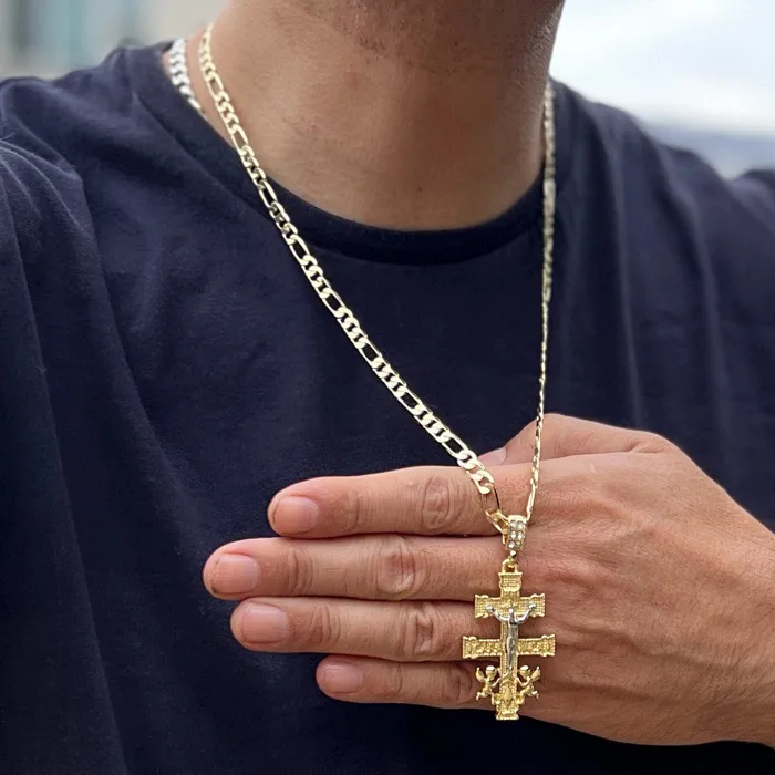 14K Gold Plated Cruz de Caravaca Cadena Necklace Oro Laminado Figaro Chain 24 Bling Cartel Necklaces