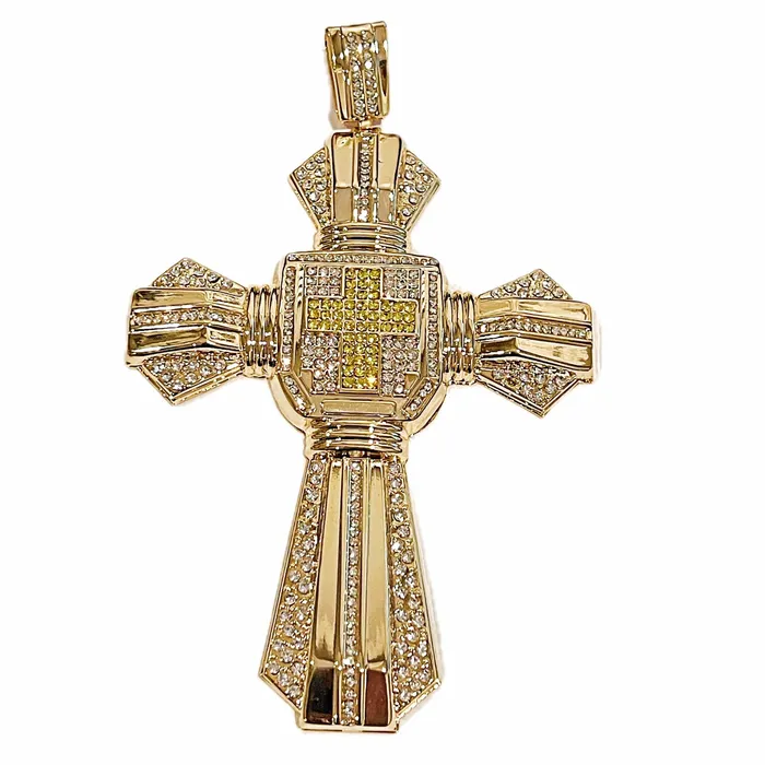 14K Gold Plated Huge Cross Pendant Iced White and Yellow Iced Flooded Out Bling Cartel Necklaces 14K Gold Plated Huge Cross Pendant Iced White and Yellow Iced Flooded Out Bling Cartel Necklaces