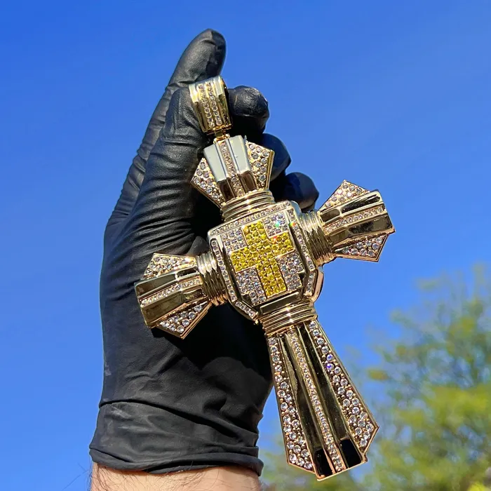 14K Gold Plated Huge Cross Pendant Iced White and Yellow Iced Flooded Out Bling Cartel Necklaces 14K Gold Plated Huge Cross Pendant Iced White and Yellow Iced Flooded Out Bling Cartel Necklaces