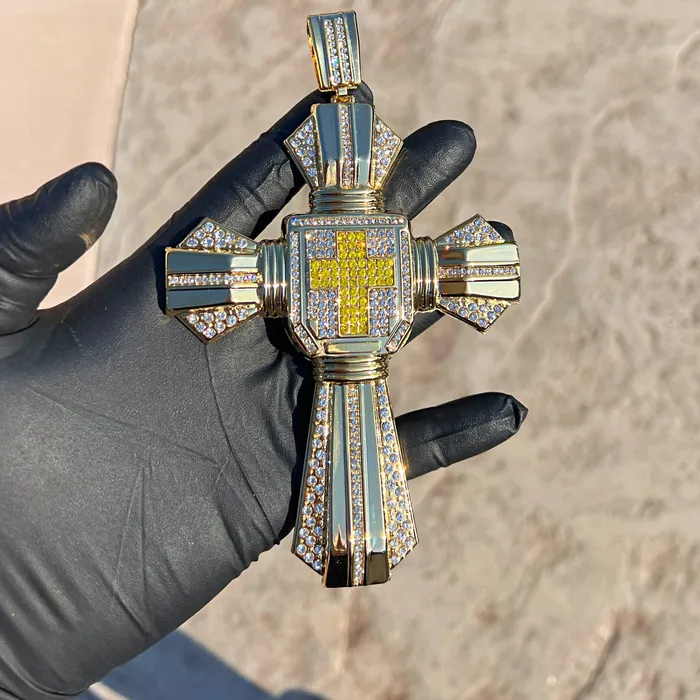 14K Gold Plated Huge Cross Pendant Iced White and Yellow Iced Flooded Out Bling Cartel Necklaces 14K Gold Plated Huge Cross Pendant Iced White and Yellow Iced Flooded Out Bling Cartel Necklaces