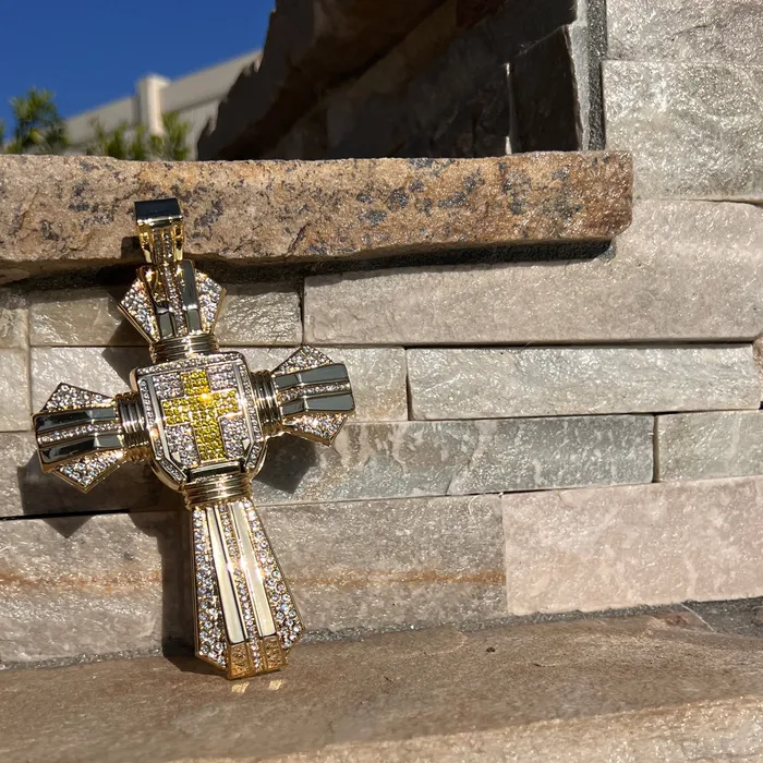 14K Gold Plated Huge Cross Pendant Iced White and Yellow Iced Flooded Out Bling Cartel Necklaces 14K Gold Plated Huge Cross Pendant Iced White and Yellow Iced Flooded Out Bling Cartel Necklaces