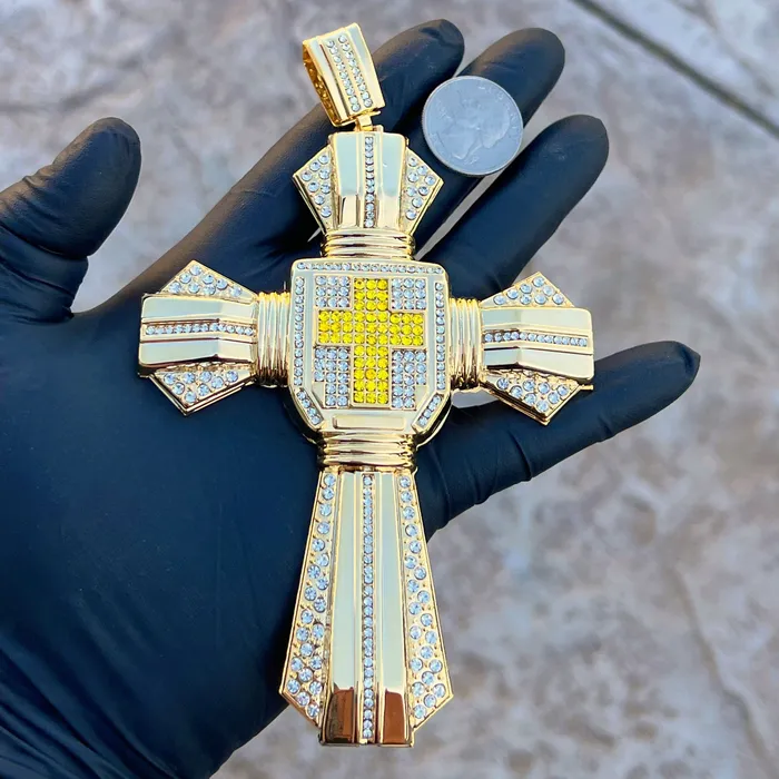 14K Gold Plated Huge Cross Pendant Iced White and Yellow Iced Flooded Out Bling Cartel Necklaces 14K Gold Plated Huge Cross Pendant Iced White and Yellow Iced Flooded Out Bling Cartel Necklaces