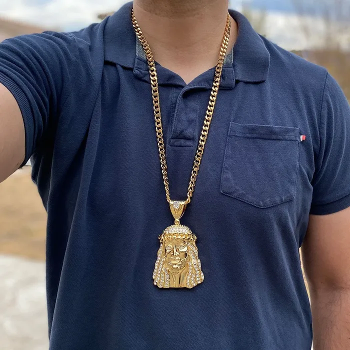 18k Gold Plated Huge Jesus Head Crown Necklace 30 Cuban Chain Bling Cartel Admin Necklaces