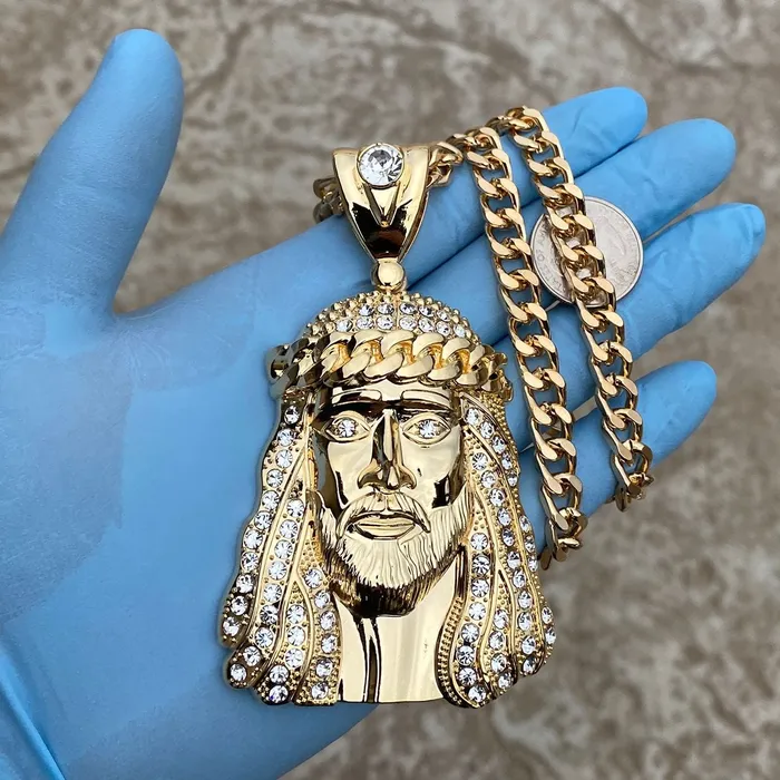 18k Gold Plated Huge Jesus Head Crown Necklace 30 Cuban Chain Bling Cartel Admin Necklaces