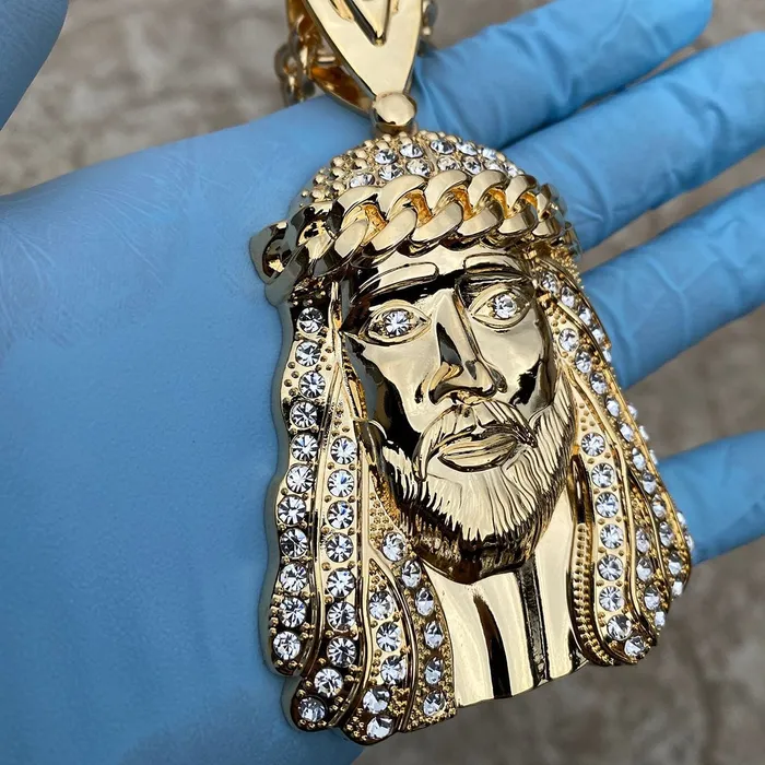 18k Gold Plated Huge Jesus Head Crown Necklace 30 Cuban Chain Bling Cartel Admin Necklaces