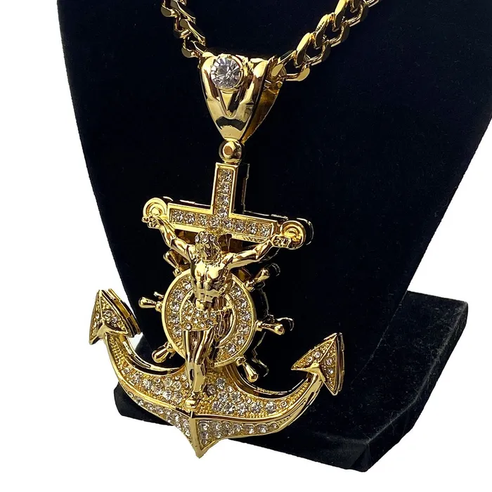 18K Gold Plated Iced Mariners Cross Jesus Anchor Chain Necklace 30 Bling Cartel Admin Necklaces