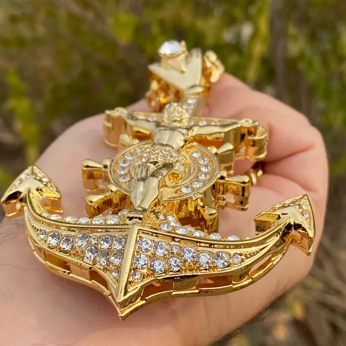 18K Gold Plated Iced Mariners Cross Jesus Anchor Chain Necklace 30 Bling Cartel Admin Necklaces