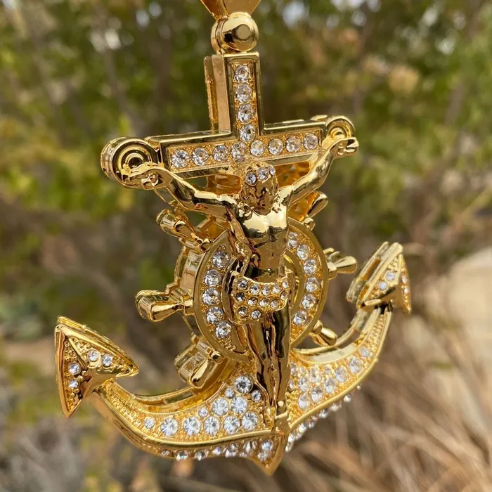 18K Gold Plated Iced Mariners Cross Jesus Anchor Chain Necklace 30 Bling Cartel Admin Necklaces