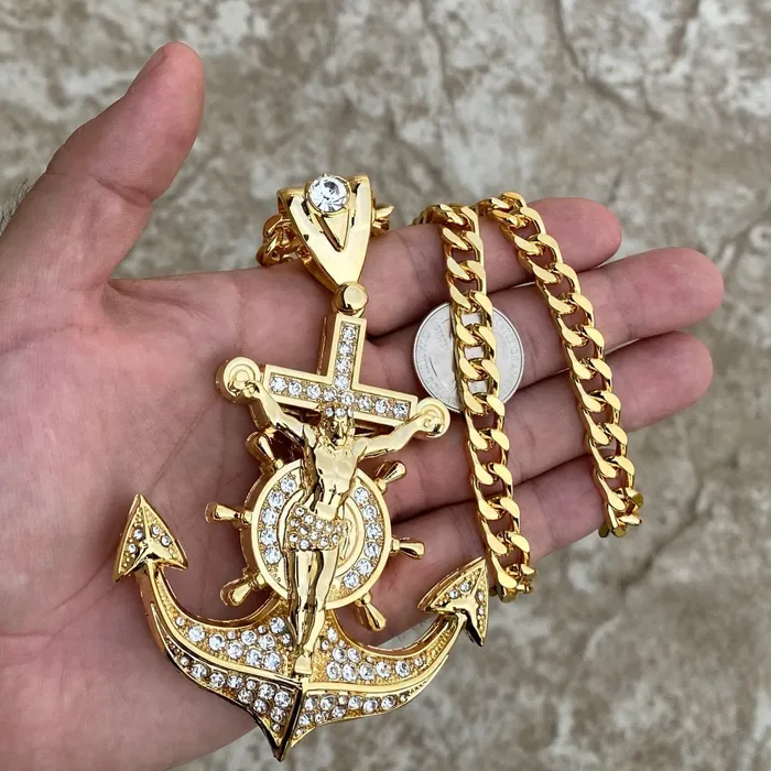 18K Gold Plated Iced Mariners Cross Jesus Anchor Chain Necklace 30 Bling Cartel Admin Necklaces