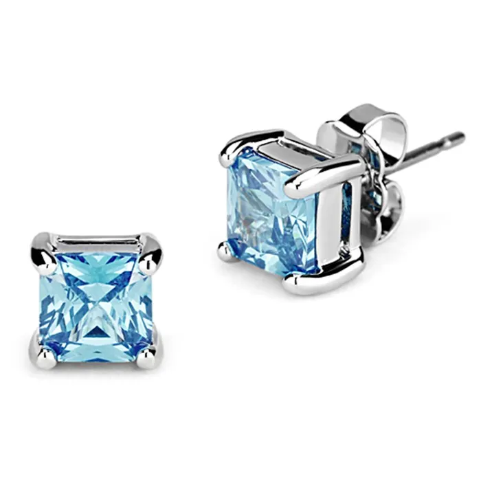 Alamode Earrings 3W539 Rhodium Brass Earrings with AAA Grade CZ in Sea Blue
