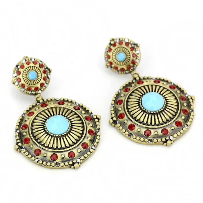 Alamode Earrings LO4685 Antique Copper Brass Earrings with Synthetic Turquoise in Sea Blue