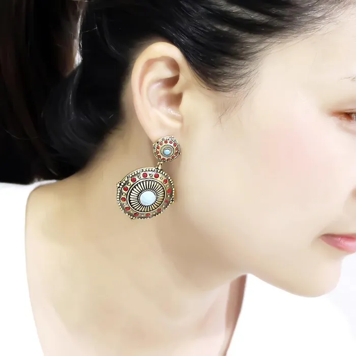 Alamode Earrings LO4685 Antique Copper Brass Earrings with Synthetic Turquoise in Sea Blue