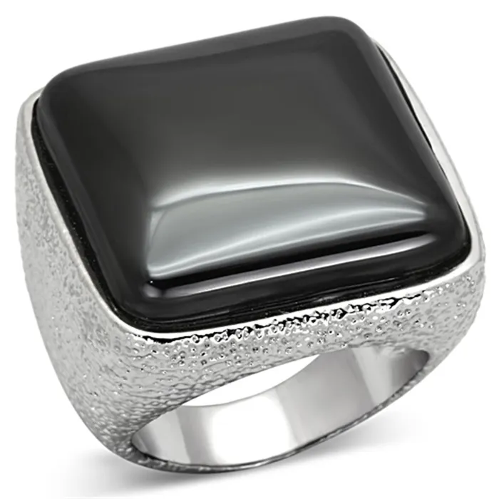 Alamode LO3045 Rhodium Brass Ring with SemiPrecious Agate in Jet Rings