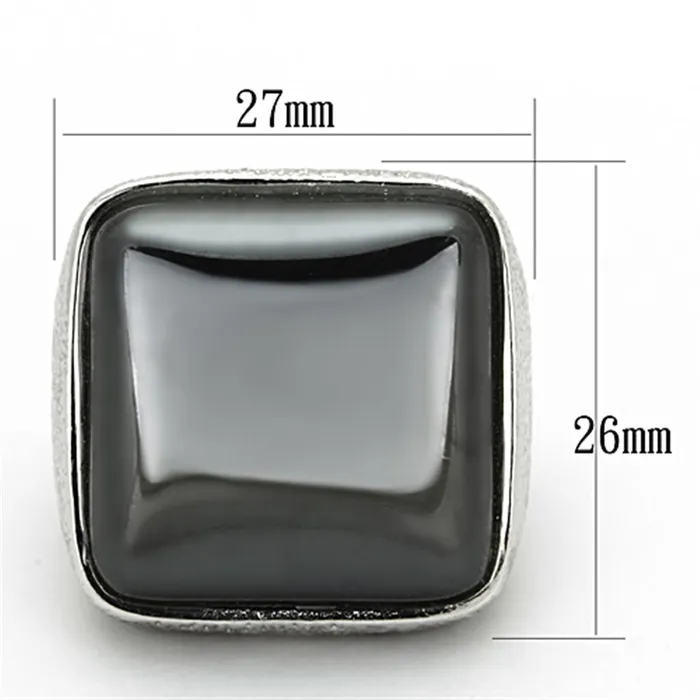 Alamode LO3045 Rhodium Brass Ring with SemiPrecious Agate in Jet Rings