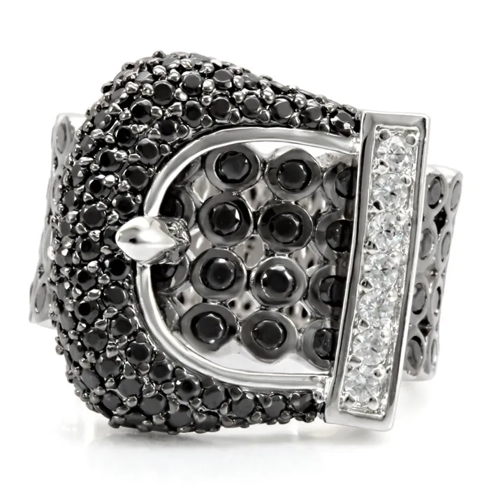 Alamode Rings 1W048 Rhodium Ruthenium Brass Ring with AAA Grade CZ in Black Diamond