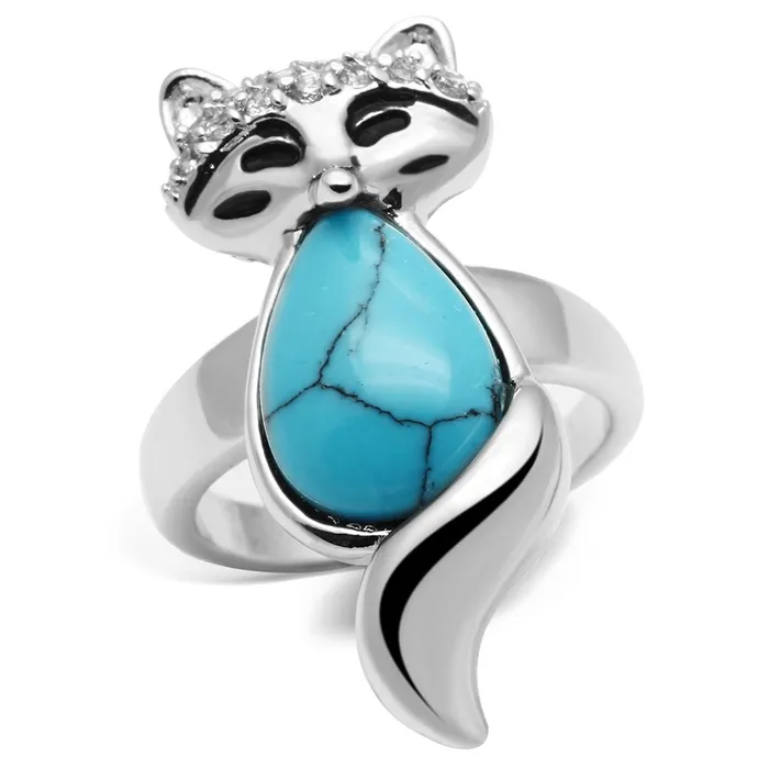 Alamode Rings 3W295 Rhodium Brass Ring with Synthetic Turquoise in Sea Blue