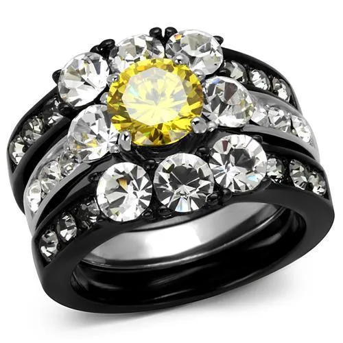 Alamode Rings TK2615 TwoTone IP Black Ion Plating Stainless Steel Ring with AAA Grade CZ in Topaz