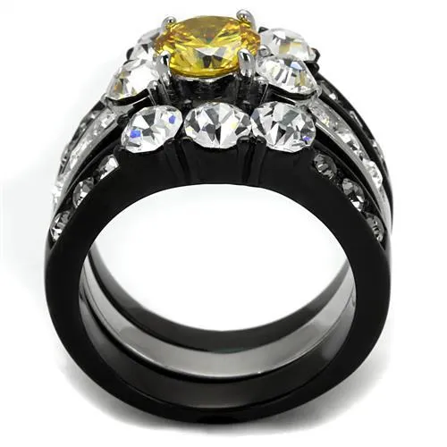 Alamode Rings TK2615 TwoTone IP Black Ion Plating Stainless Steel Ring with AAA Grade CZ in Topaz