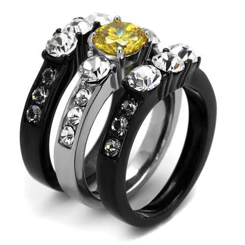 Alamode Rings TK2615 TwoTone IP Black Ion Plating Stainless Steel Ring with AAA Grade CZ in Topaz
