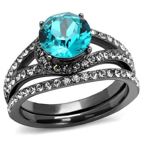 Alamode Rings TK2744 IP Light Black IP Gun Stainless Steel Ring with Top Grade Crystal in Blue Zircon Alamode Rings TK2744 IP Light Black IP Gun Stainless Steel Ring with Top Grade Crystal in Blue Zircon