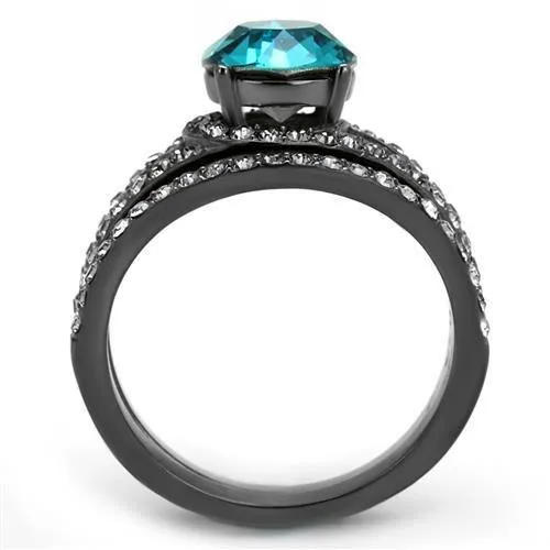 Alamode Rings TK2744 IP Light Black IP Gun Stainless Steel Ring with Top Grade Crystal in Blue Zircon