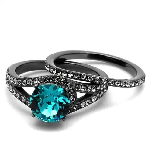 Alamode Rings TK2744 IP Light Black IP Gun Stainless Steel Ring with Top Grade Crystal in Blue Zircon