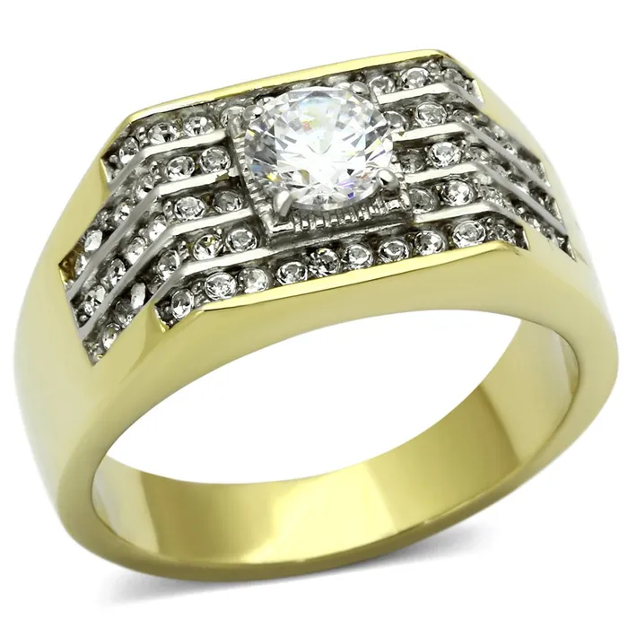 Alamode Rings TK737 TwoTone IP Gold Ion Plating Stainless Steel Ring with AAA Grade CZ in Clear Alamode Rings TK737 TwoTone IP Gold Ion Plating Stainless Steel Ring with AAA Grade CZ in Clear