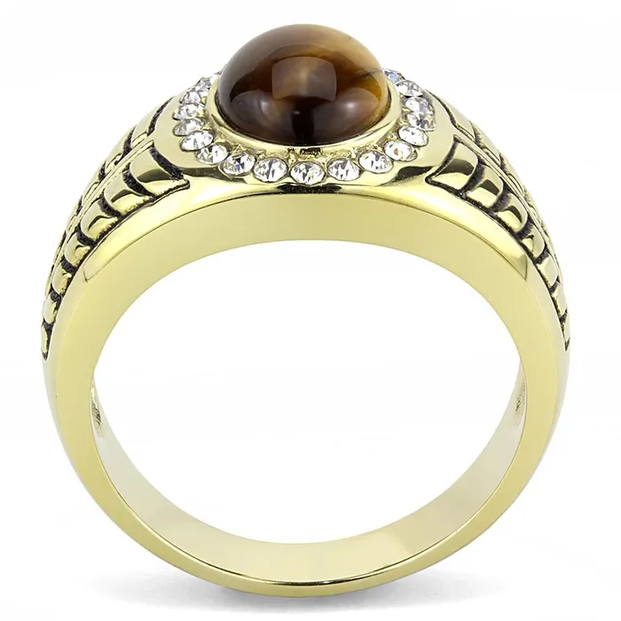 Alamode TK3293 IP GoldIon Plating Stainless Steel Ring with Synthetic Tiger Eye in Topaz Rings