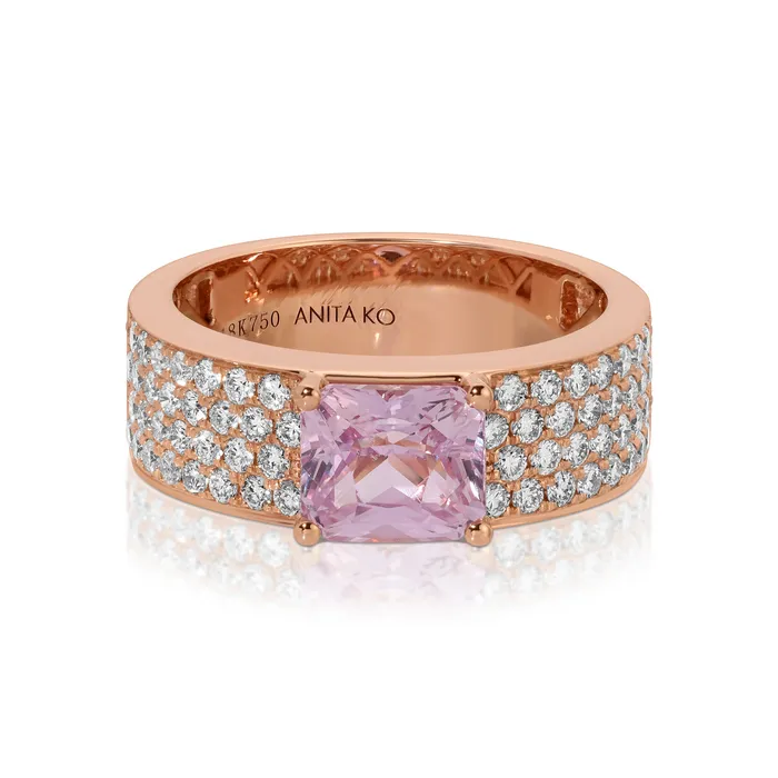 anitako Rings WIDE DIAMOND BAND WITH RADIANT CUT PINK SAPPHIRE CENTER