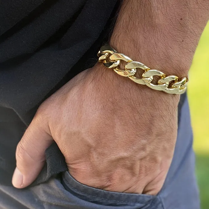 Bling Cartel 14K Gold Plated Cuban Link Chain Hip Hop Bracelet 15MM Thick 89 Inch Bracelets Bling Cartel 14K Gold Plated Cuban Link Chain Hip Hop Bracelet 15MM Thick 89 Inch Bracelets