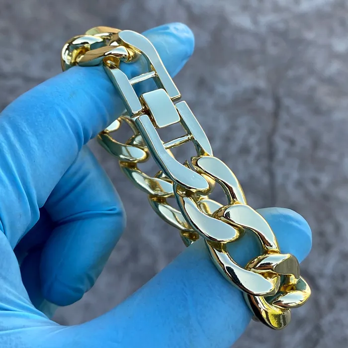 Bling Cartel 14K Gold Plated Cuban Link Chain Hip Hop Bracelet 15MM Thick 89 Inch Bracelets Bling Cartel 14K Gold Plated Cuban Link Chain Hip Hop Bracelet 15MM Thick 89 Inch Bracelets