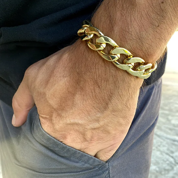 Bling Cartel 14K Gold Plated Cuban Link Chain Hip Hop Bracelet 15MM Thick 89 Inch Bracelets Bling Cartel 14K Gold Plated Cuban Link Chain Hip Hop Bracelet 15MM Thick 89 Inch Bracelets
