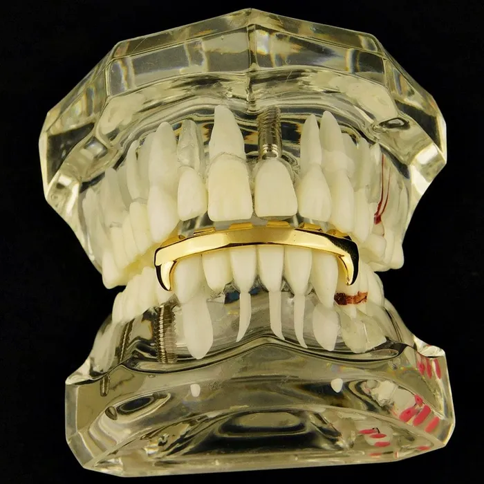 Bling Cartel Admin 14k Gold Plated Vampire Fangs Bar Bottom Grillz PreStyled Sets