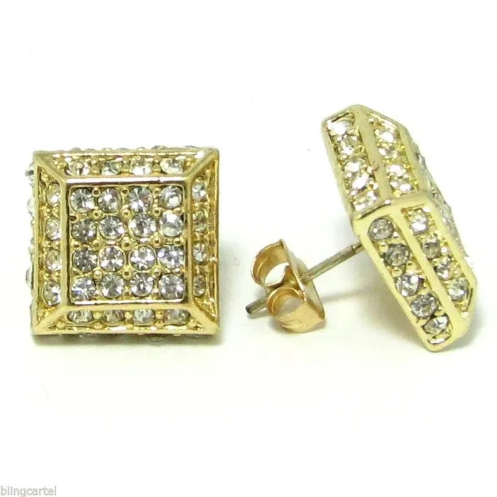 Bling Cartel Admin Earrings Pyramid Square Gold Finish Earrings 13MM