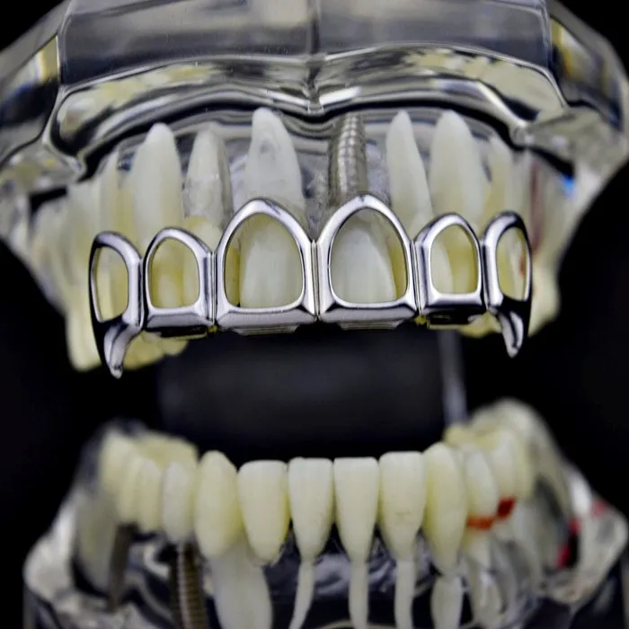 Bling Cartel Admin Silver Tone 6 Open Face Top Vampire Fangs Grillz Rings