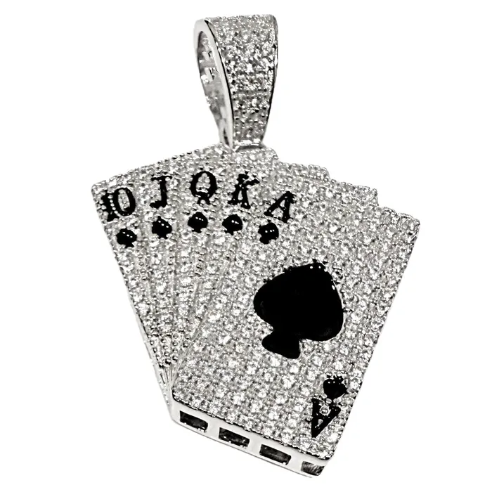 Bling Cartel Necklaces 925 Sterling Silver Pendant Playing Cards CZ Royal Flush Aces of Spades Bling Cartel Necklaces 925 Sterling Silver Pendant Playing Cards CZ Royal Flush Aces of Spades