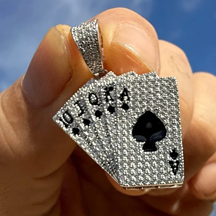 Bling Cartel Necklaces 925 Sterling Silver Pendant Playing Cards CZ Royal Flush Aces of Spades Bling Cartel Necklaces 925 Sterling Silver Pendant Playing Cards CZ Royal Flush Aces of Spades