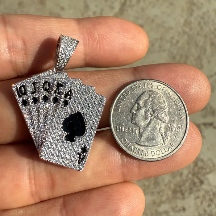 Bling Cartel Necklaces 925 Sterling Silver Pendant Playing Cards CZ Royal Flush Aces of Spades Bling Cartel Necklaces 925 Sterling Silver Pendant Playing Cards CZ Royal Flush Aces of Spades