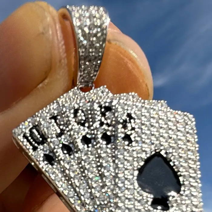 Bling Cartel Necklaces 925 Sterling Silver Pendant Playing Cards CZ Royal Flush Aces of Spades Bling Cartel Necklaces 925 Sterling Silver Pendant Playing Cards CZ Royal Flush Aces of Spades