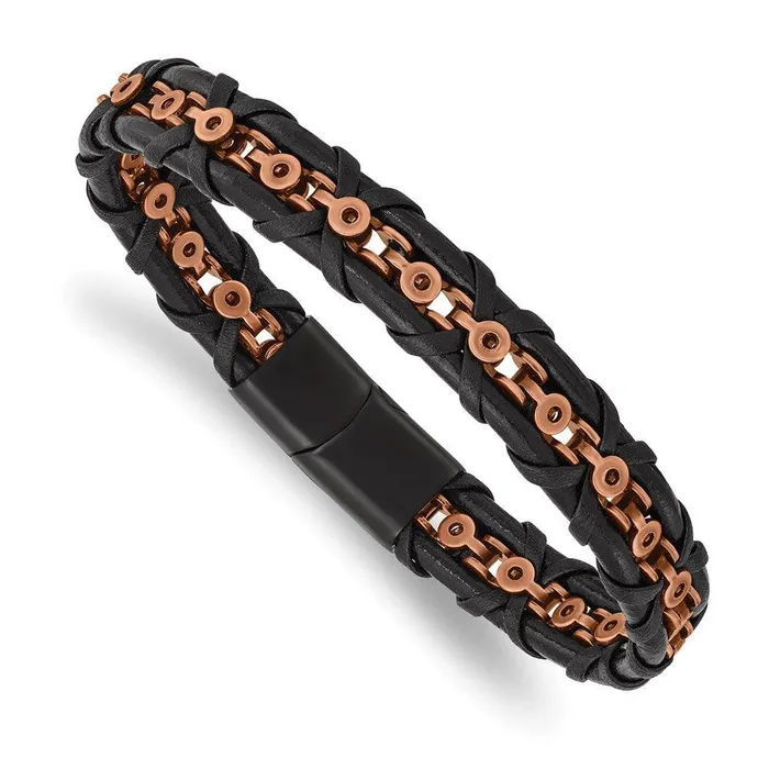 Bracelets Chisel Stainless Steel Antiqued Polished Rose IPplated Leather 85in Bracelet Bracelets Chisel Stainless Steel Antiqued Polished Rose IPplated Leather 85in Bracelet