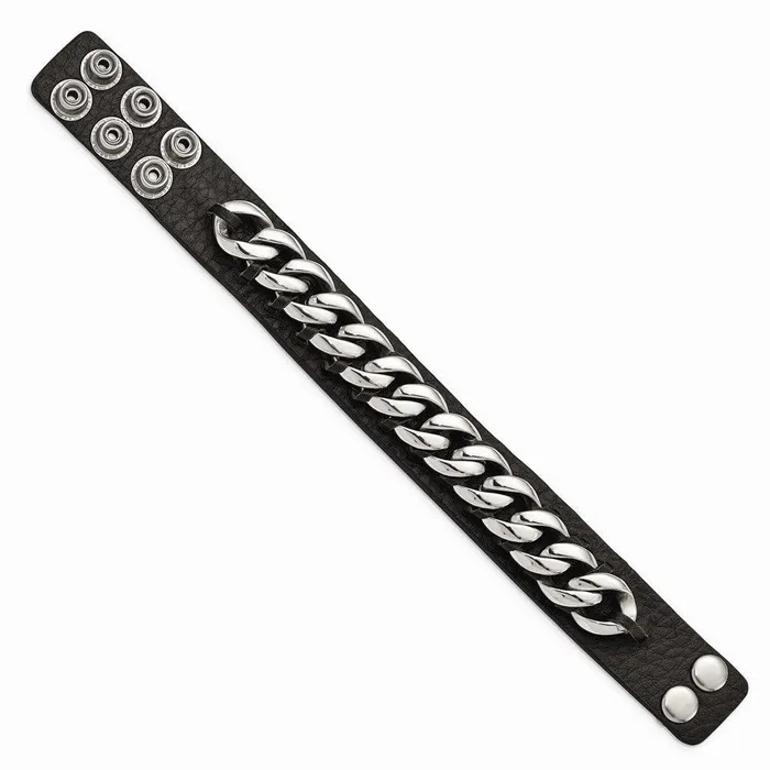 Bracelets Chisel Stainless Steel Black Leather wChain 85in Bracelet Bracelets Chisel Stainless Steel Black Leather wChain 85in Bracelet