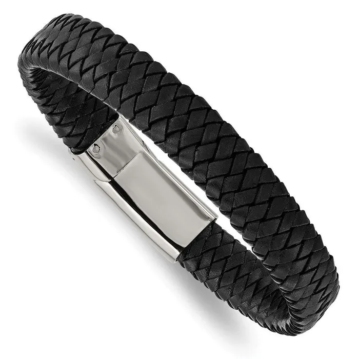Bracelets Chisel Stainless Steel Polished Black Woven Leather Bracelet